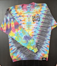 Load image into Gallery viewer, Colorful tie-dye sweatshirt with &#39;DEAD 60&#39; logo on a black surface
